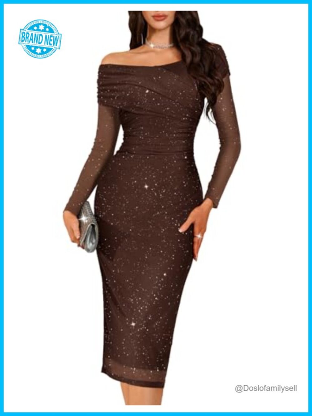 Sparkly Off Shoulder Sequin Formal Wedding Guest Midi Dress